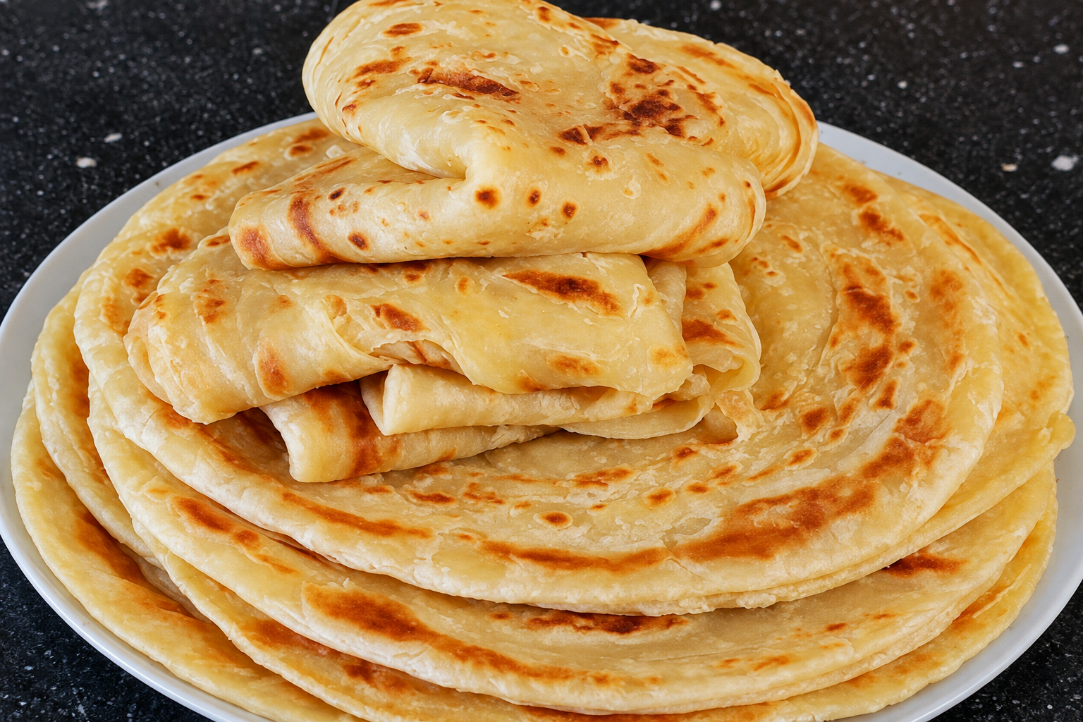 A stack of golden layered chapati with folded chapati on top