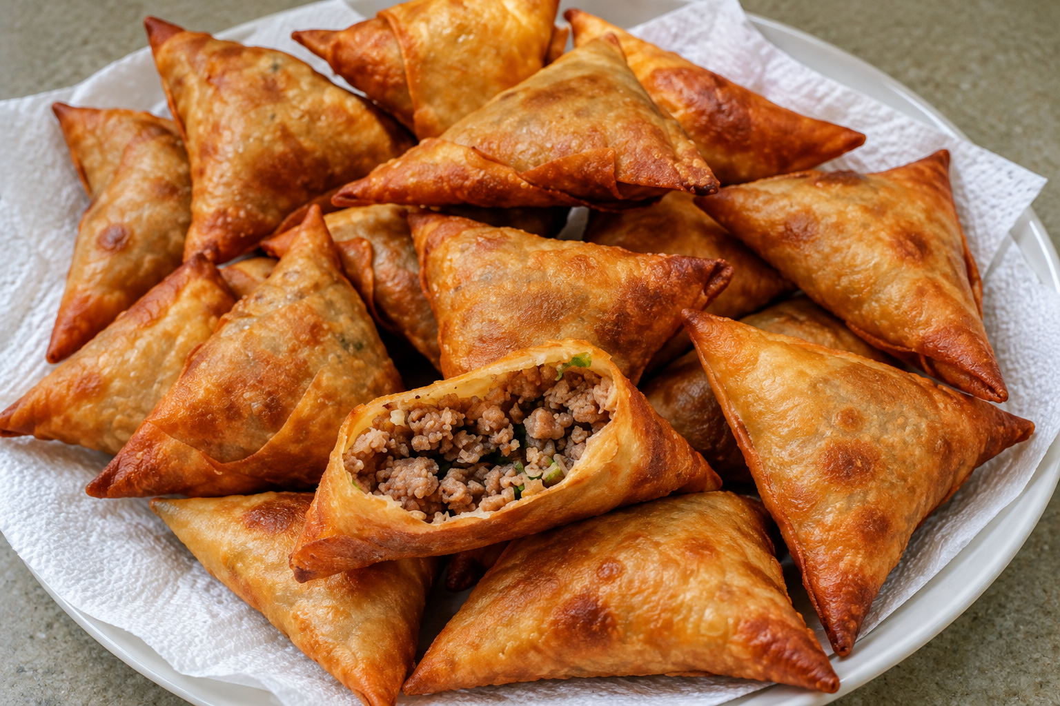 Golden Kenyan samosas with a crisp thin pastry and a cut-open meat filling